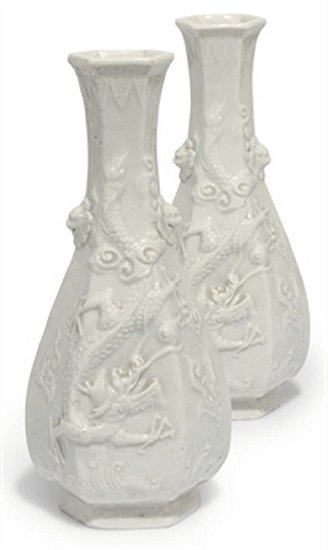 Chinese Dehua blanc-de-chine hexagonal bottle vases