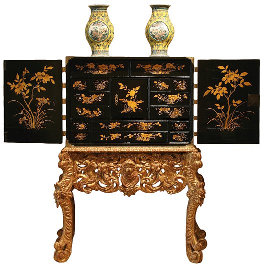 William and Mary period japanned cabinet on giltwood stand